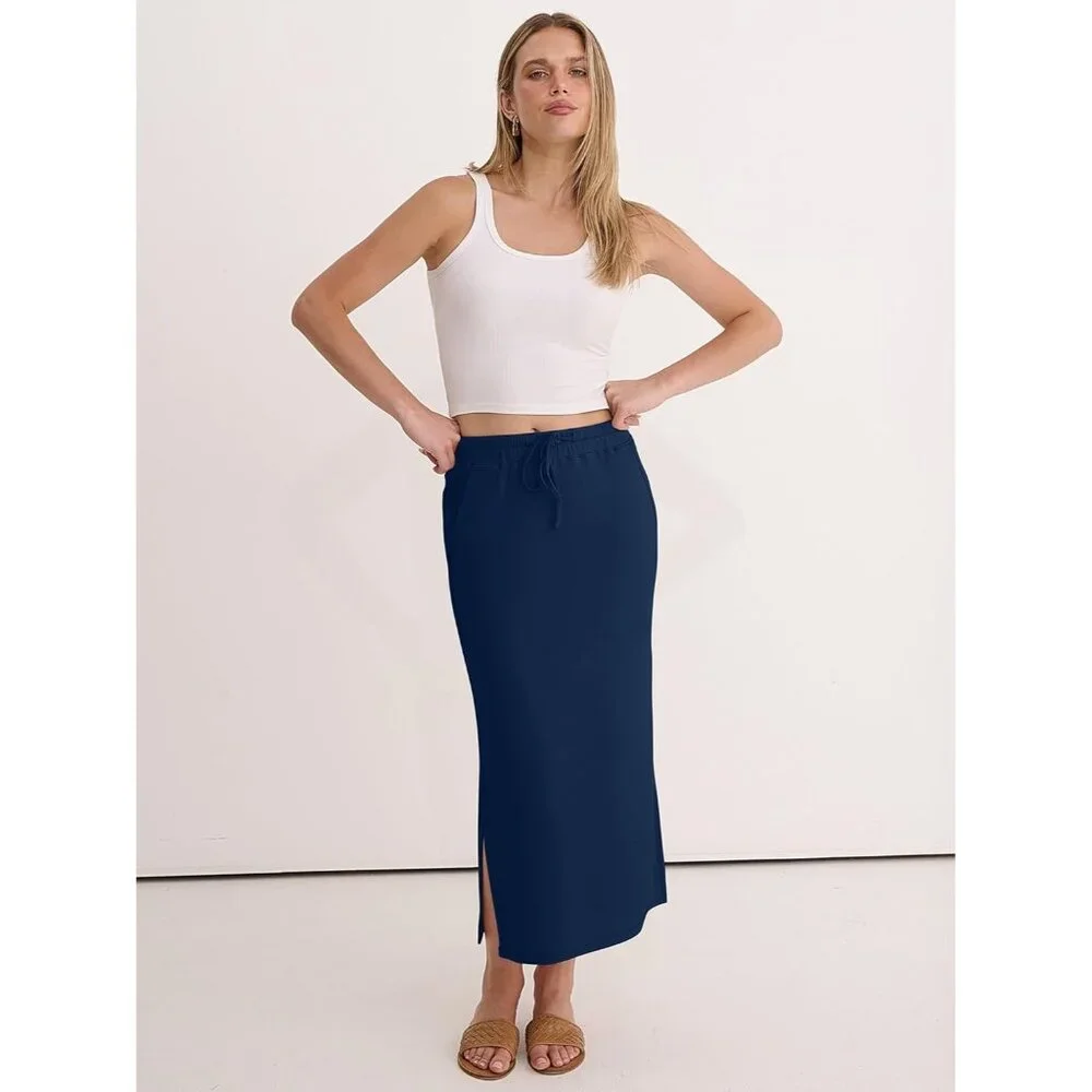 Women's Navy Blue Drawstring Side Slit Spring Casual Pencil Pockets Maxi Skirt - Picture 2 of 6